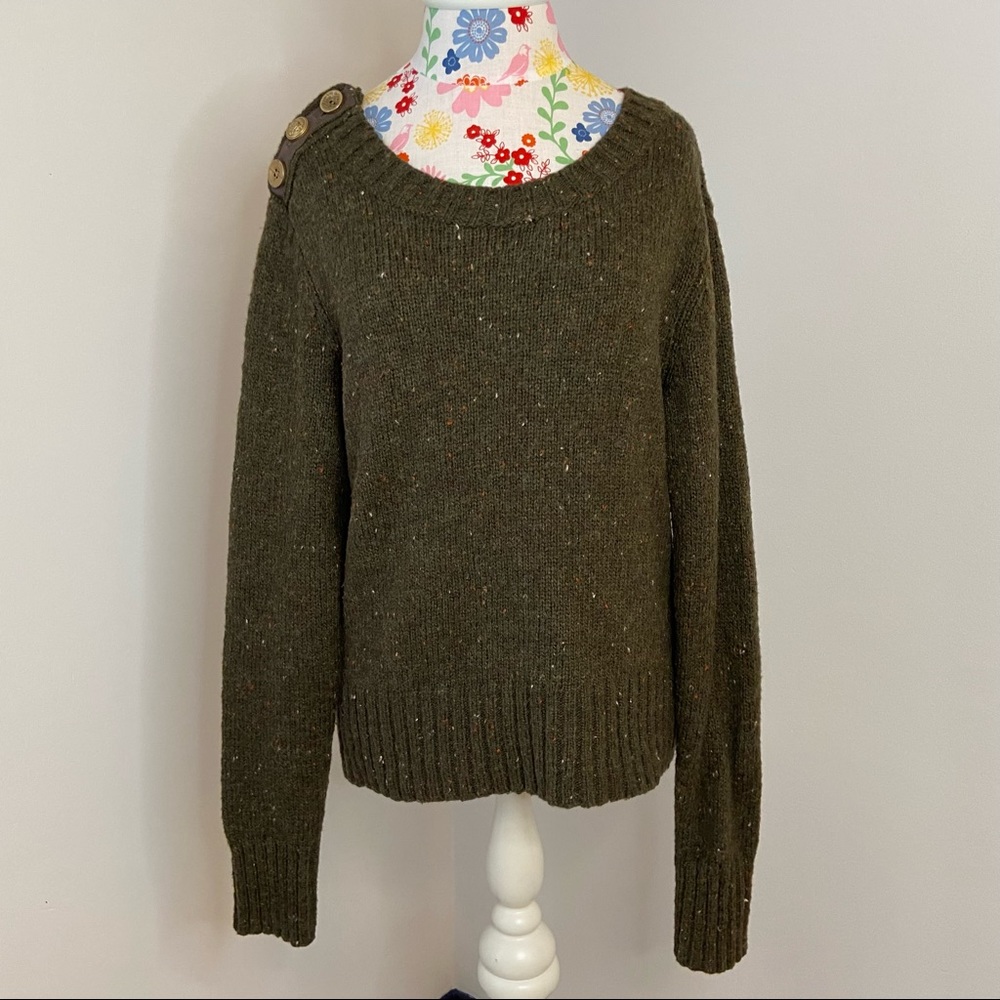 Button-Shoulder Olive Green Women's Sweater